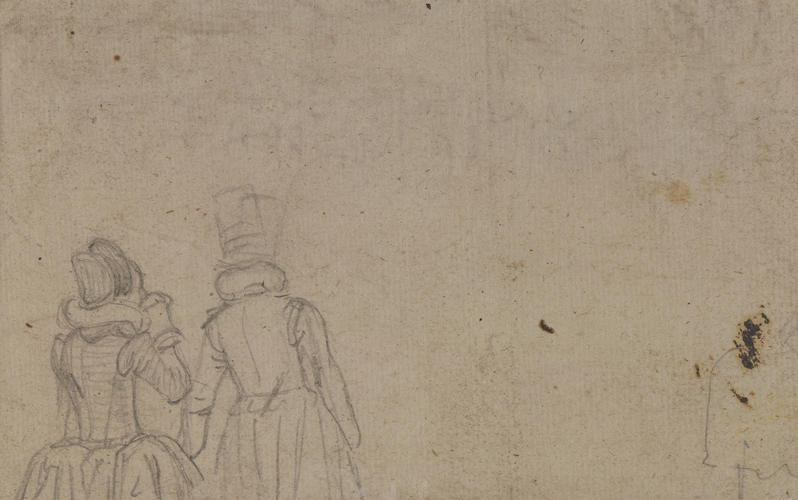 Recto: A fisherman and a milkmaid in a river landscape. Verso: Sketch of an elegantly dressed couple seen from the back