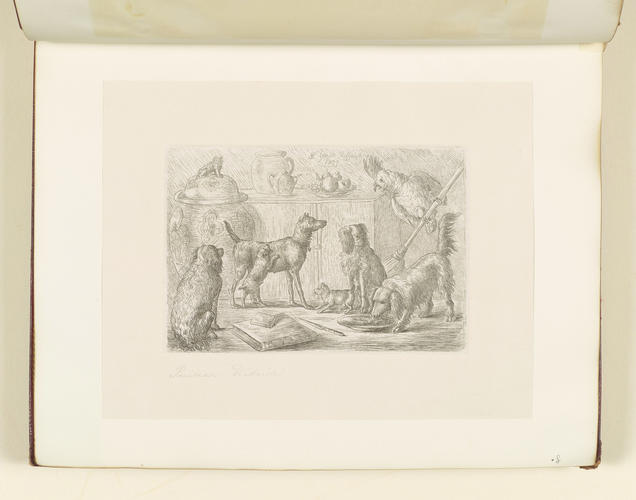 Master: Collection of Etchings done by Ferdinand King of Portugal, 1840.
Item: An interior with six dogs and a parrot