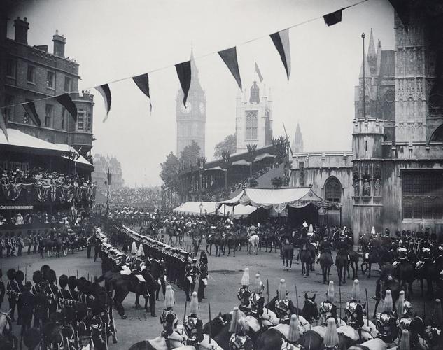 The State Coach, troops and crowds outside Westminster Abbey