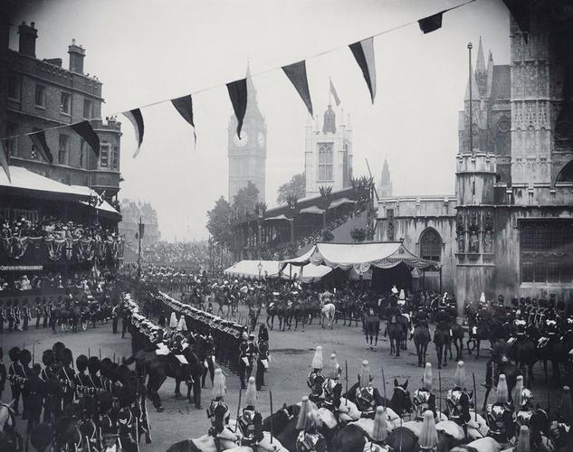 The State Coach, troops and crowds outside Westminster Abbey The State Coach, troops and crowds outside Westminster Abbey