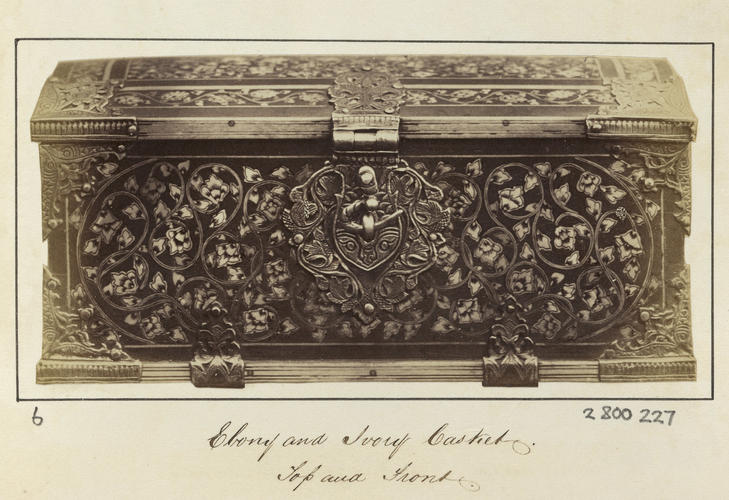 'Ebony and Ivory Casket. Top and Front'; Front view of ebony and ivory casket'