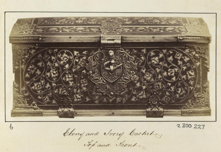 'Ebony and Ivory Casket. Top and Front'; Front view of ebony and ivory casket' 'Ebony and Ivory Casket. Top and Front'; Front view of ebony and ivory casket'