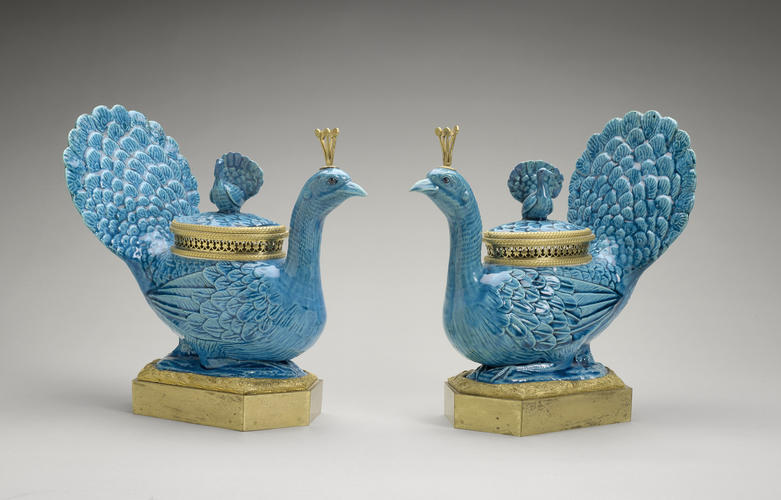 Master: Pair of peacock vases and covers mounted as pots-pourris