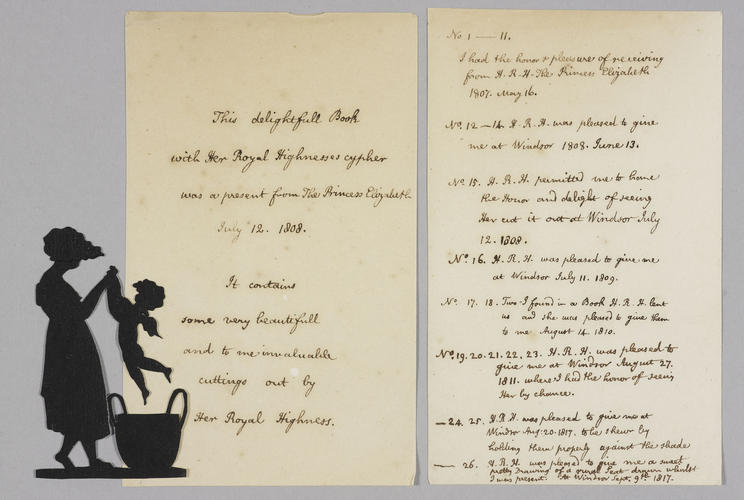 Master: A Book of cuttings made by Princess Elizabeth, daughter of George III, and by Theodore Tharp, and given by the Princess to Lady Banks
Item: Silhouette of a woman pulling a cherub from a basket
