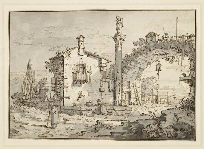 A capriccio with a house, fountain and arch