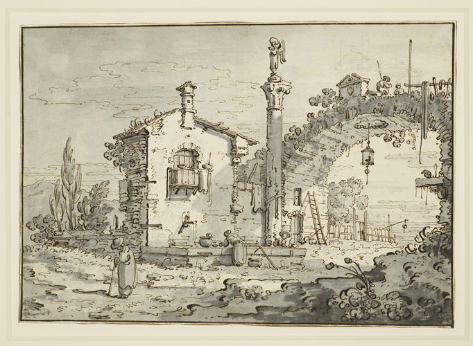 A capriccio with a house, fountain and arch A capriccio with a house, fountain and arch