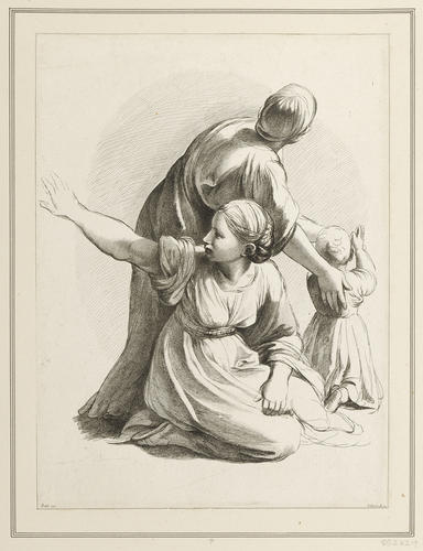 Two women with a child whose hands are joined in prayer