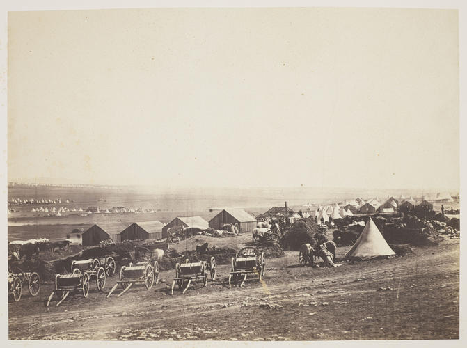 Looking towards Balaklava artillery waggons in the foreground