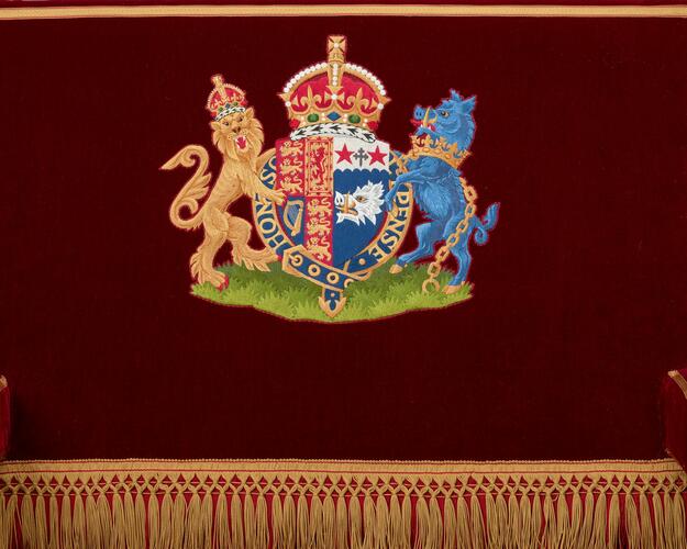 Master: Pair of throne chairs, used by King George VI and Queen Elizabeth and King Charles III and Queen Camilla
Item: Throne chair, used by Queen Elizabeth and Queen Camilla Master: Pair of throne chairs, used by King George VI and Queen Elizabeth and King Charles III and Queen Camilla
Item: Throne chair, used by Queen Elizabeth and Queen Camilla