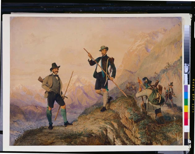 Ernest II, Duke of Saxe-Coburg-Gotha and Charles, Prince of Leiningen, after a chamois hunt in the Tyrol