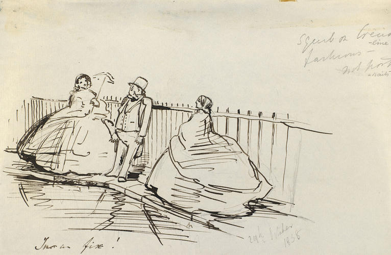 Caricature of a gentleman squeezed up on a sofa between two ladies in crinolines