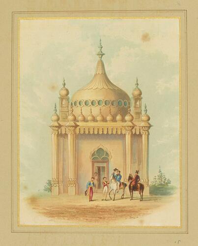 Master: Illustrations of Her Majesty's Palace at Brighton; formerly the Pavilion: executed by the Command of King George the Fourth, under the Superintendence of John Nash, Esq. , architect : to which is prefixed, A History of the Palace, by Edward Wedlake Brayley, Esq. , F. S. A.
Item: Pavilion, Principal Entrance