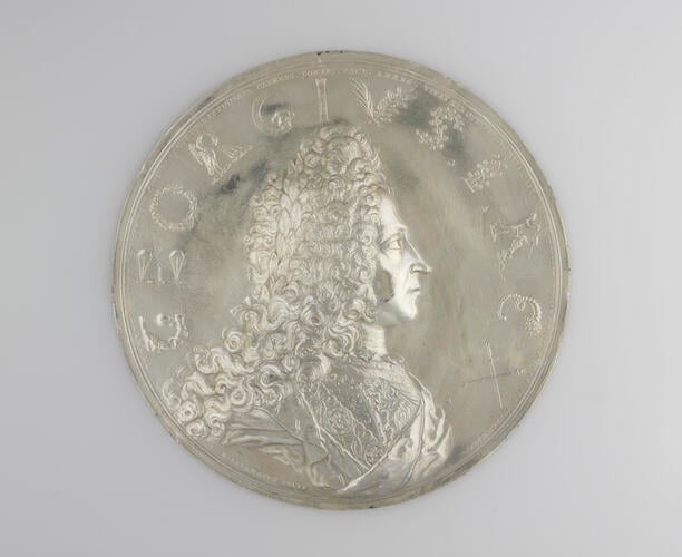 Cliché of the obverse of a medal commemorating the Coronation of George I