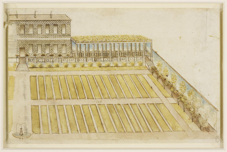 The façade of a villa with a rusticated colonnade and walled garden The façade of a villa with a rusticated colonnade and walled garden