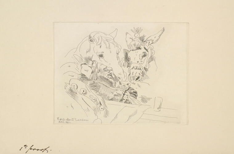 The heads of two horses and a donkey at a manger The heads of two horses and a donkey at a manger