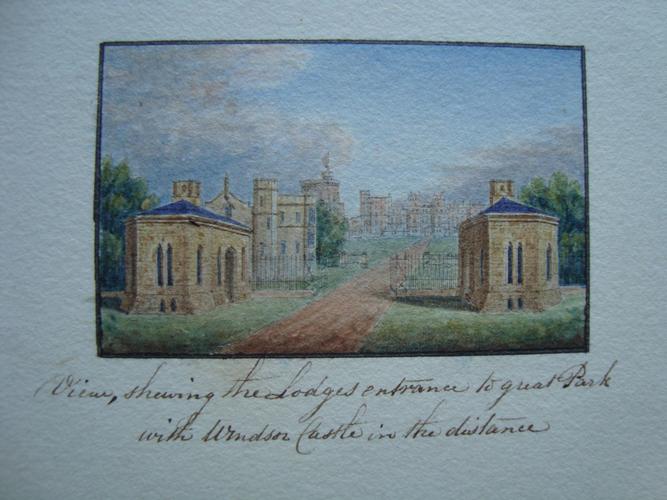 View shewing the Lodge entrance to great Park, with Windsor Castle in the distance