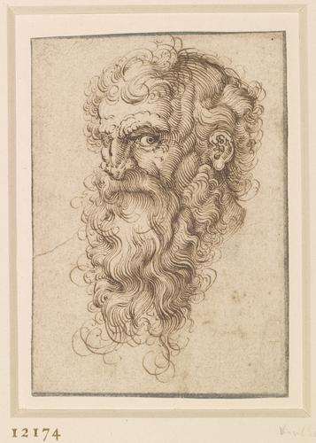 The head of a bearded man, facing left