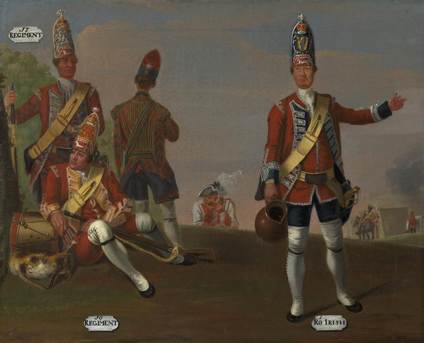 Grenadiers, 16th and 17th Regiments of Foot, and Grenadier and Drummer, 18th Royal Irish Regiment of Foot, 1751 Grenadiers, 16th and 17th Regiments of Foot, and Grenadier and Drummer, 18th Royal Irish Regiment of Foot, 1751