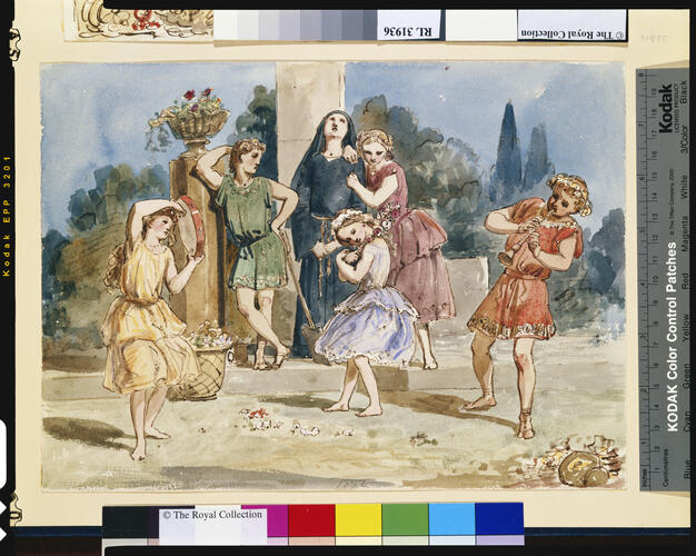 Royal children tableaux, illustrating John Milton's L'Allegro and Il Penseroso, 1852: the five royal children grouped around the nun Royal children tableaux, illustrating John Milton's L'Allegro and Il Penseroso, 1852: the five royal children grouped around the nun
