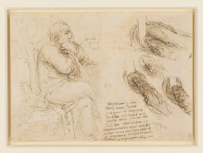 Recto: Studies of water, and a seated old man. Verso: Architectural studies