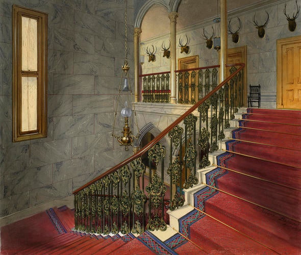 Balmoral Castle: the upper landing and staircase, from above