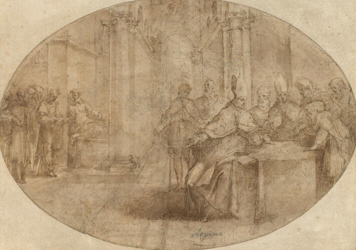 A bishop seated at a table examines some papers (plans?) brought him by a bearded man A bishop seated at a table examines some papers (plans?) brought him by a bearded man