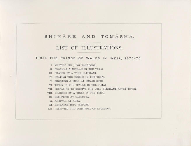 Shikare and Tomasha : A Souvenir of the Visit of H. R. H. The Prince of Wales to India / by William Simpson. Consisting of twelve photographs from the original drawings, the property of The Prince of 