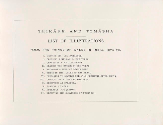 Shikare and Tomasha : A Souvenir of the Visit of H. R. H. The Prince of Wales to India / by William Simpson. Consisting of twelve photographs from the original drawings, the property of The Prince of 