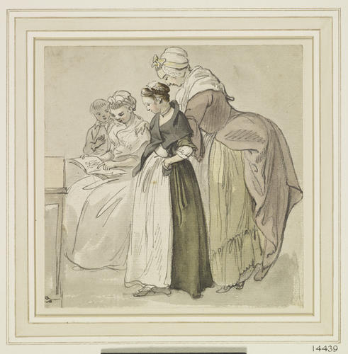 A group of figures, reading