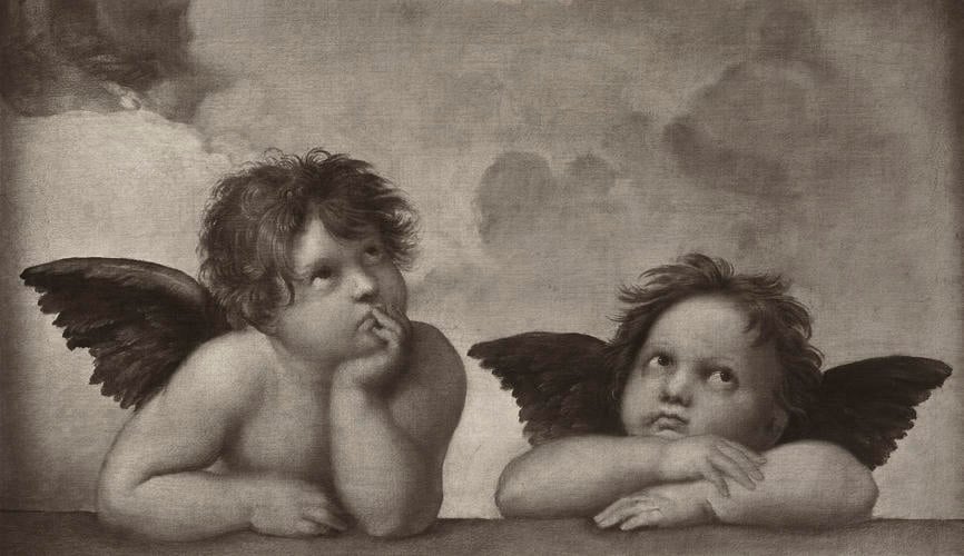 Master: Set of photographs of details from the 'Sistine Madonna'
Item: Two cherubs resting on their elbows [detail from the 'Sistine Madonna']