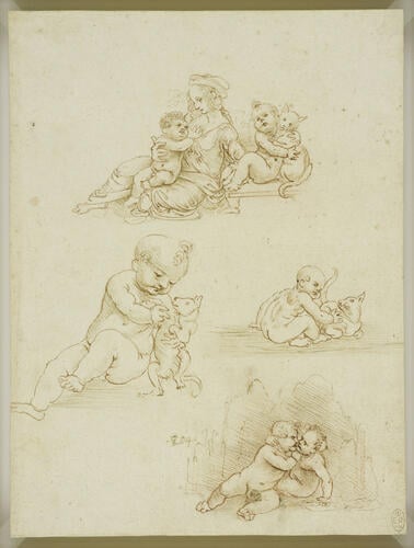 The Virgin and Child, a child with a cat, and the Holy Children embracing