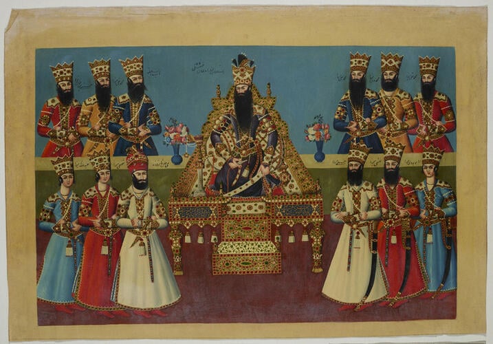 Master: The Court of Fath Ali Shah at the Nowrooz Salaam Ceremony.
Item: The Shah seated in state upon his throne, surrounded by the elder princes