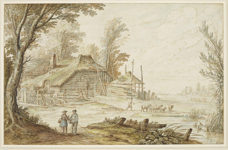 Farm buildings surrounded by trees, beside a stream, with several figures and a flock of sheep