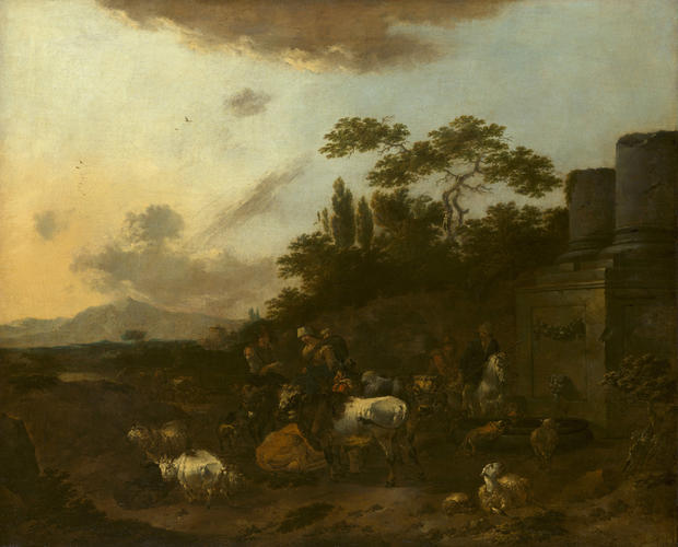 Landscape with Figures and Cattle Drinking at a Fountain