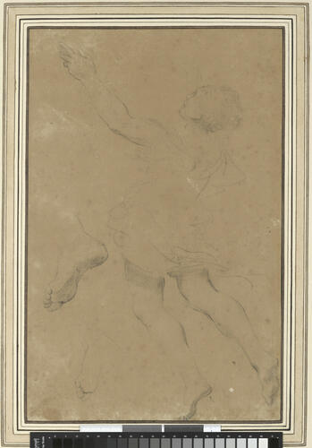 A figure, full length, with raised arms; two studies of a foot