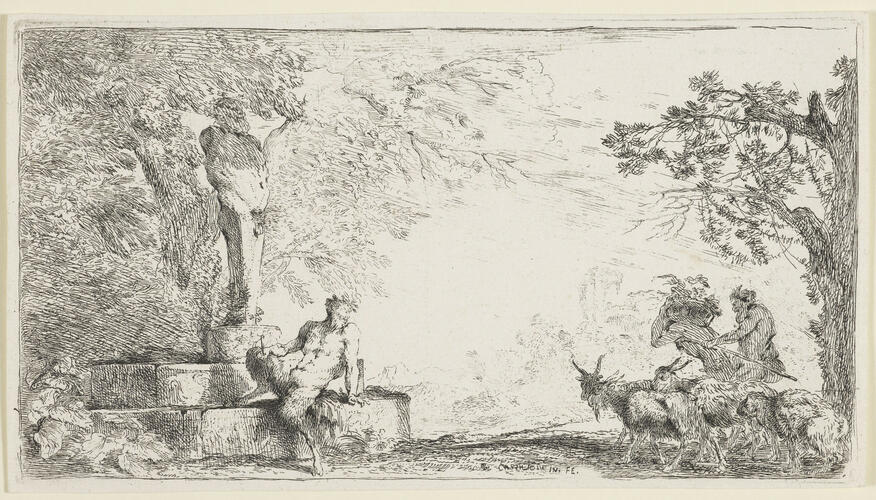 A satyr seated beside a statue of Priapus