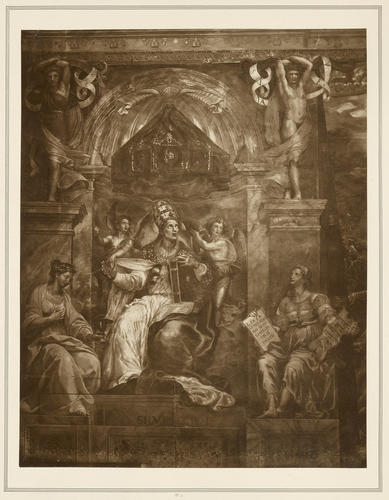 A niched pope between allegorical figures and caryatids