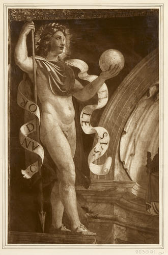 Master: Set of photographs of caryatids and other figures from the Sala di Costantino
Item: Male figure turned to right, holding a sphere and a long arrow poiting downwards [from the Sala di Costantin