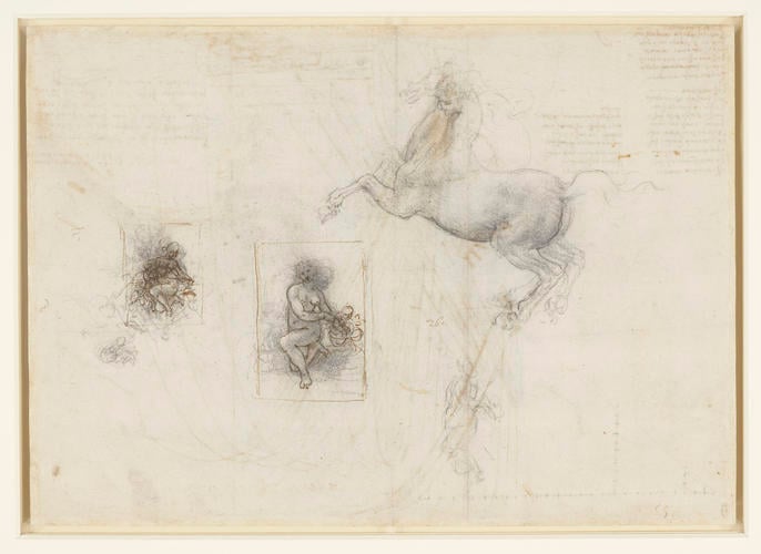 Recto: A horse and rider, and studies for Leda. Verso: Mortars bombarding a fortress