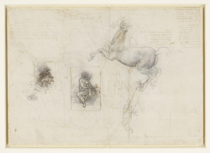 Recto: A horse and rider, and studies for Leda. Verso: Mortars bombarding a fortress Recto: A horse and rider, and studies for Leda. Verso: Mortars bombarding a fortress