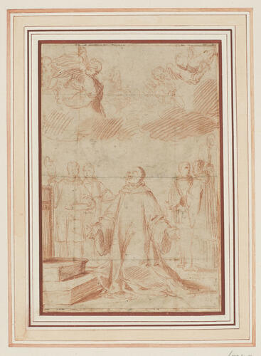 A monk kneeling before an altar, with priests behind and angels above