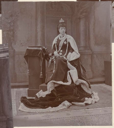 Master: Page 23 of Princess Victoria's album: photographs of King Edward VII and Queen Alexandra, dressed for the State Opening of Parliament, February 1901
Item: Queen Alexandra (1844-1925), dressed for the State Opening of Parliament, 1901