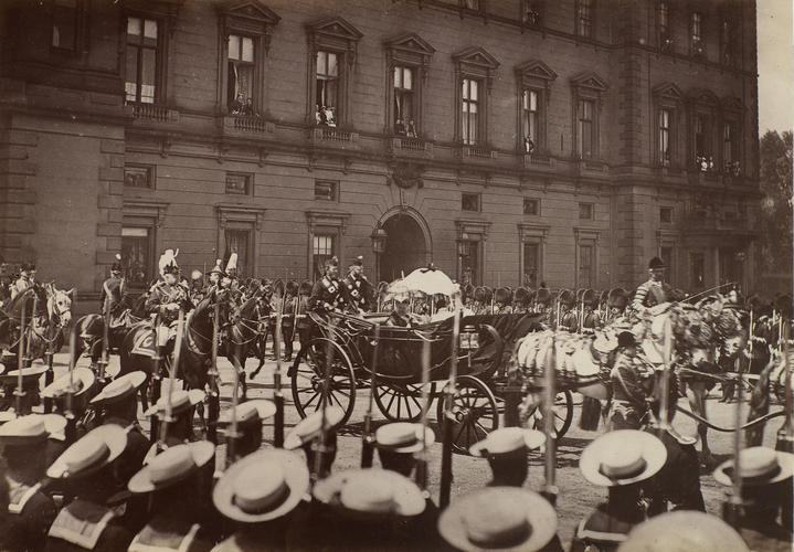 Queen Victoria leaving Buckingham Palace for Westminster Abbey. The Sailors' Guard of Honour