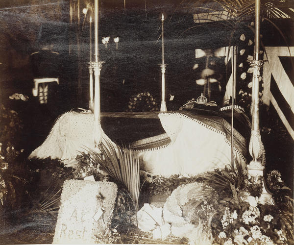 Queen Victoria's coffin draped with state robes, Osborne House