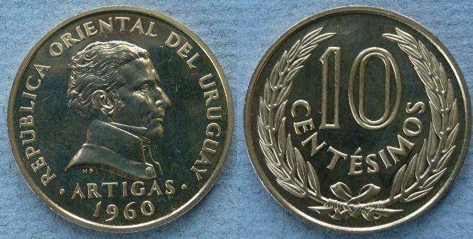 kruguay. Proof in gold of the 10 centesimos, 1960 kruguay. Proof in gold of the 10 centesimos, 1960