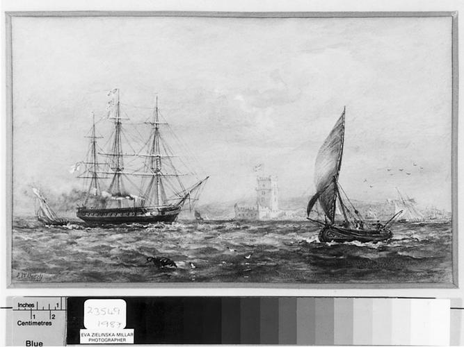 HMS Galatea and a fishing boat off Lisbon
