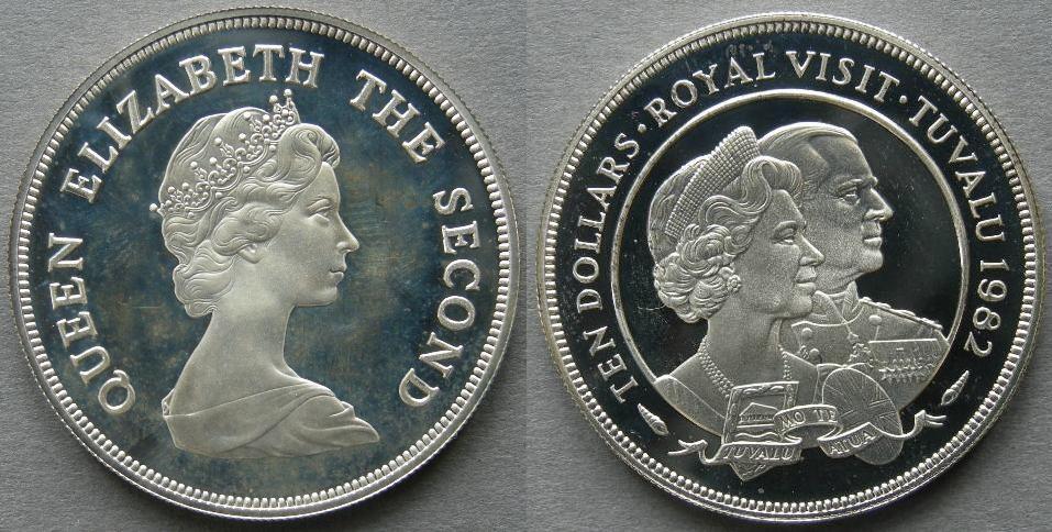 Tuvalu. Proof 10 dollars 1982, commemorating the visit of H. M. The Queen and H. R. H. The Duke of Edinburgh
