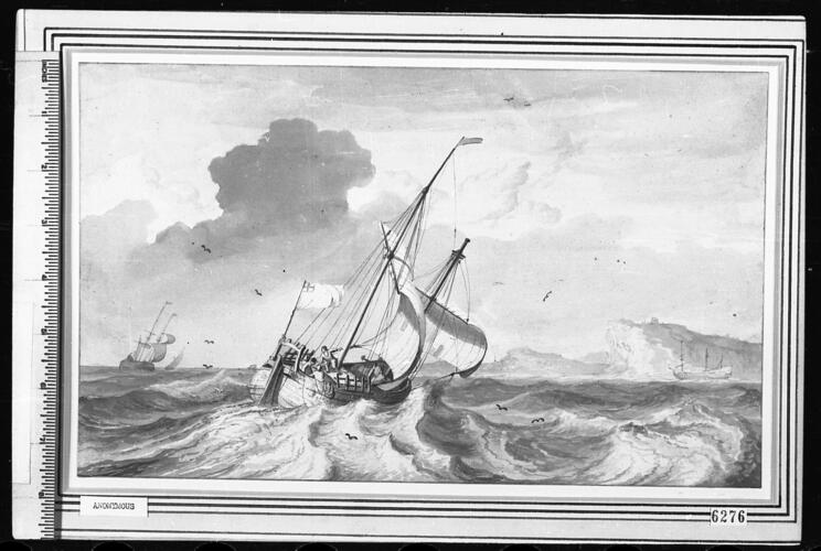 An English Hooker in a strong breeze off a coast with tall cliffs