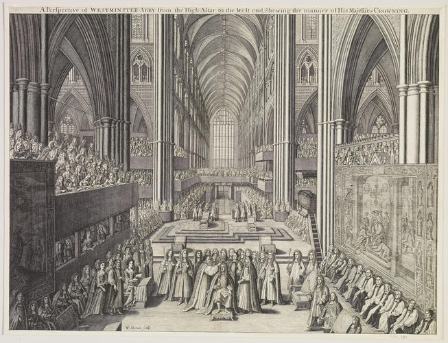 A Perspective of WESTMINSTER-ABBYfrom the High-Altar to the West end, Shewing the manner of His Majesties CROWNING A Perspective of WESTMINSTER-ABBYfrom the High-Altar to the West end, Shewing the manner of His Majesties CROWNING