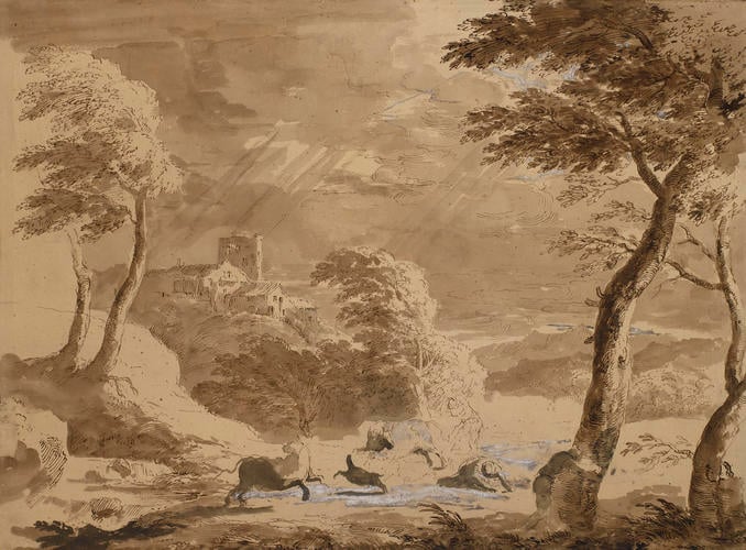 Shepherds and flocks frightened by a storm Shepherds and flocks frightened by a storm